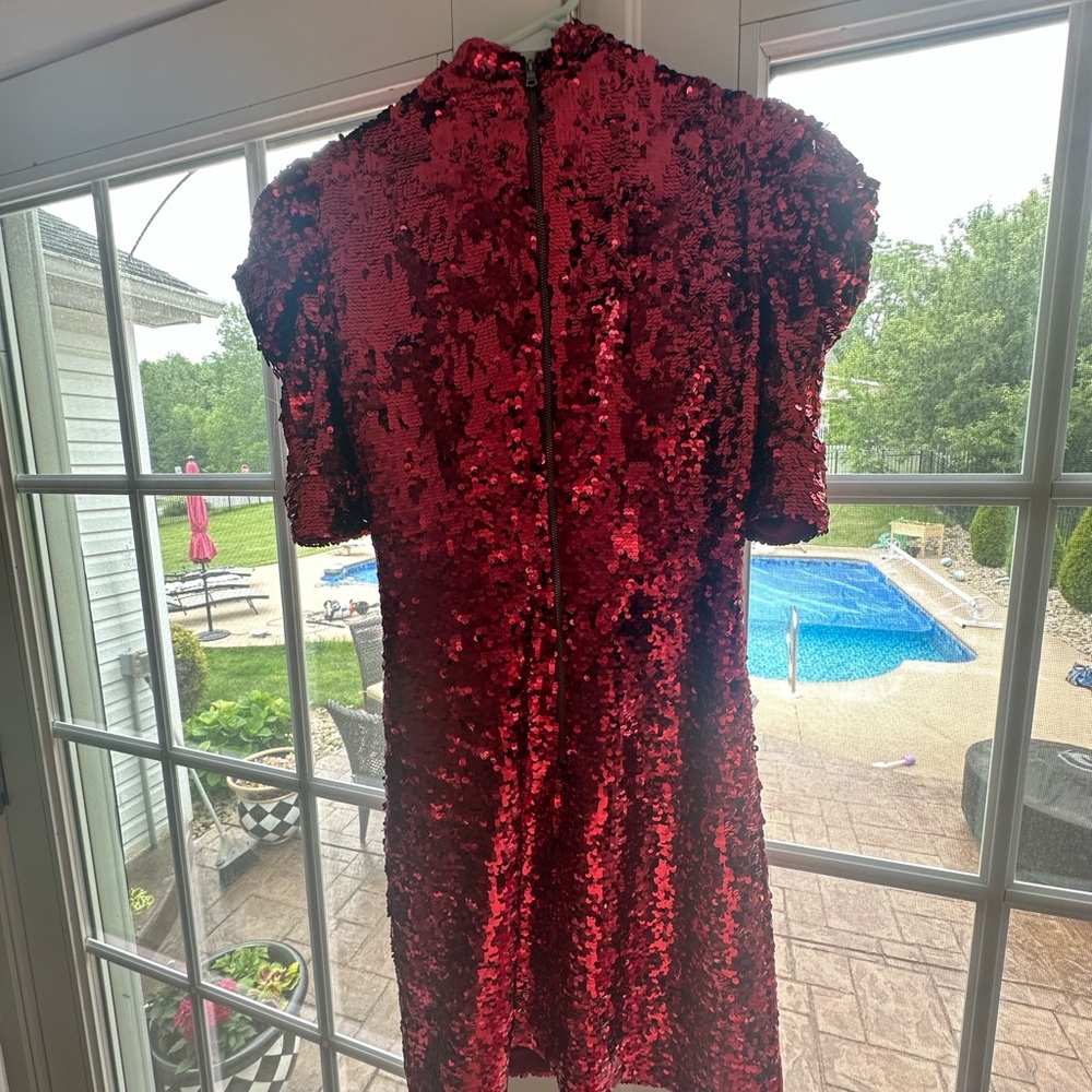 Alice + Olivia Red Sequin Puff Sleeve Bodycon Dress - Picture 3 of 4